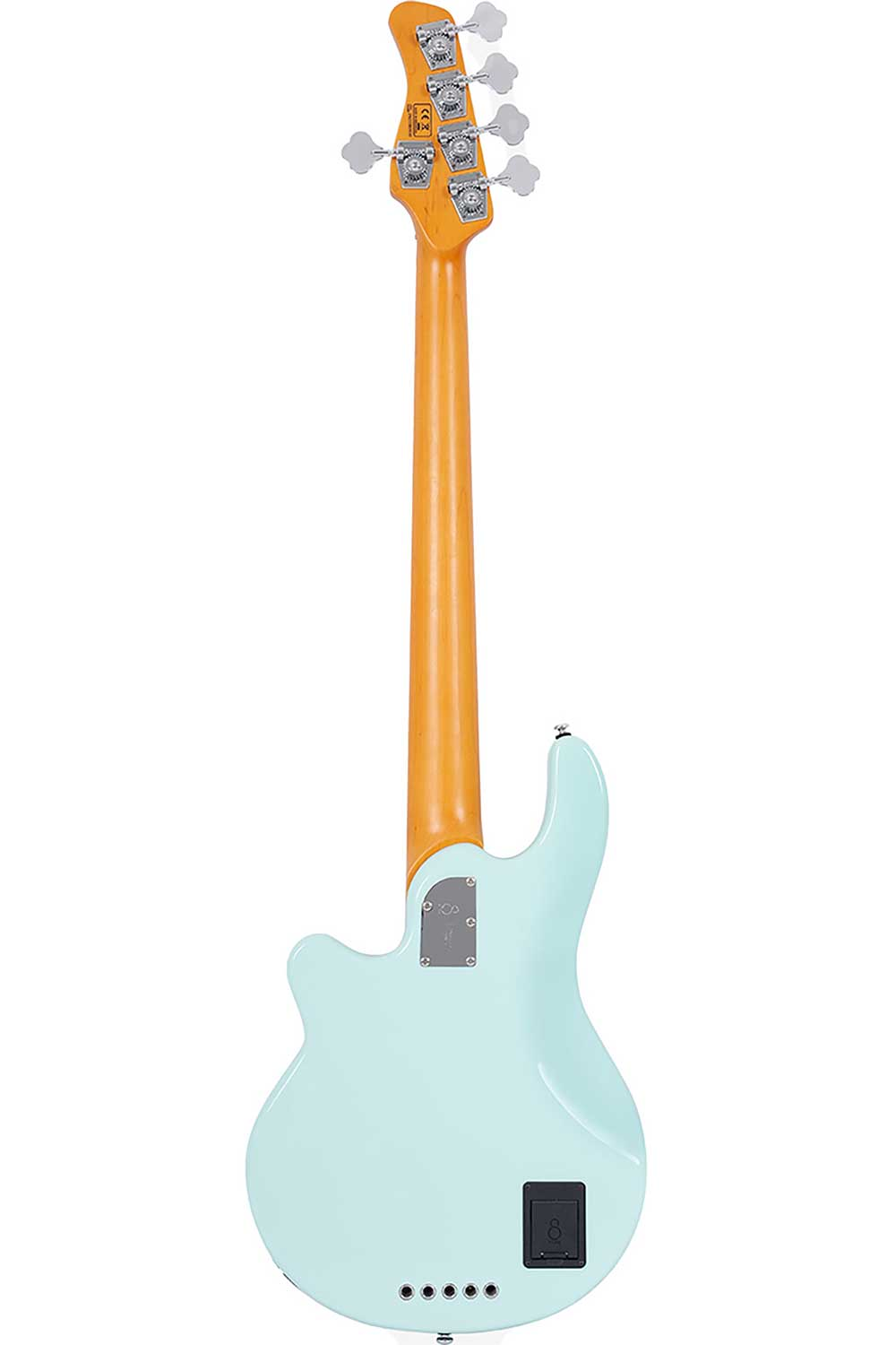 Açık mavi bas gitar, açık renk ahşap sap ve gümüş burgular.