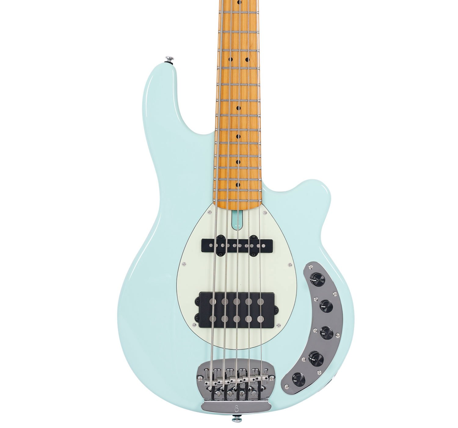 Açık kahverengi klavyeli ve gümüş donanımlı açık mavi elektro gitar.
