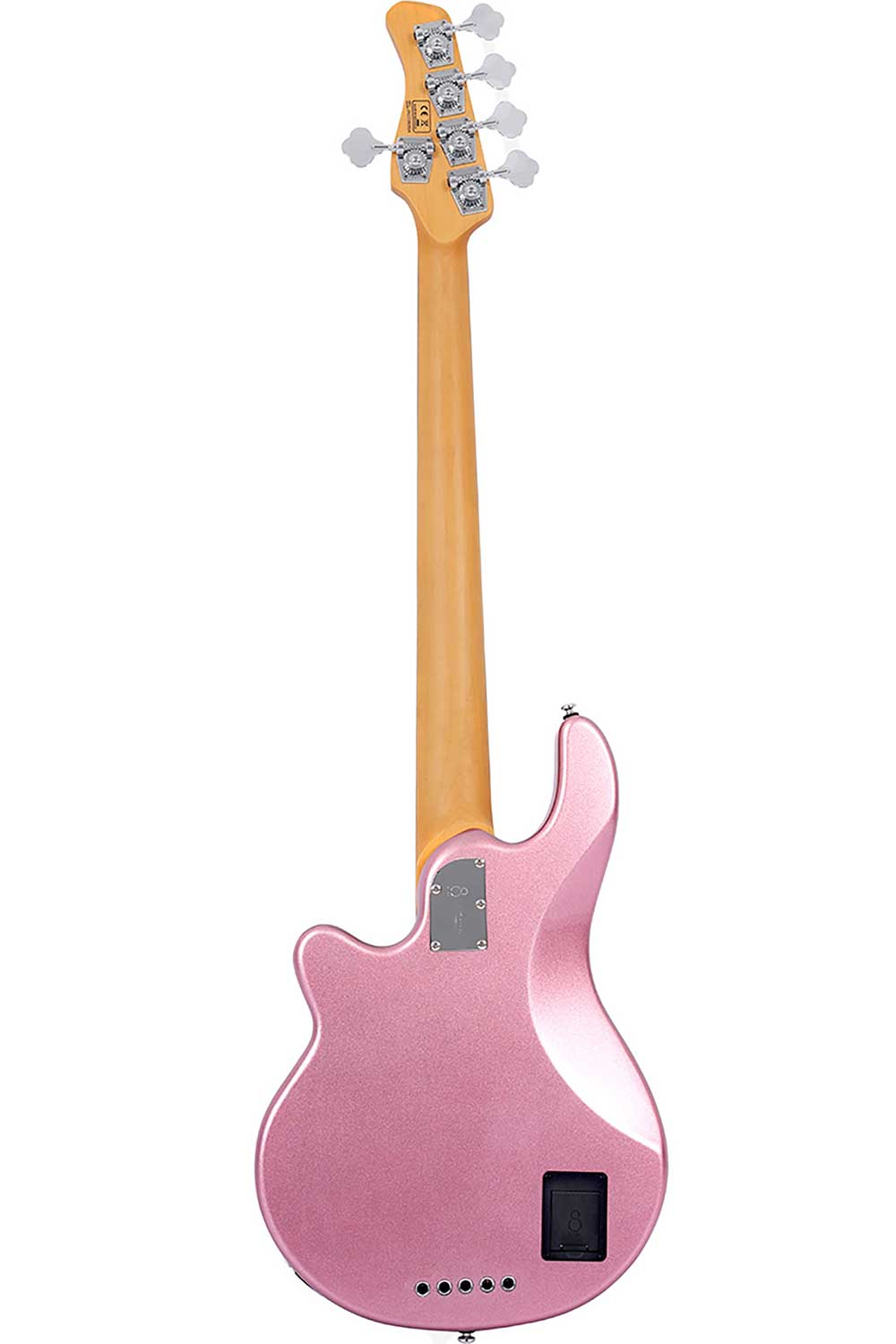 Akça ağacı saplı, metalik pembe 5 telli bas gitaranın arka görünümü.