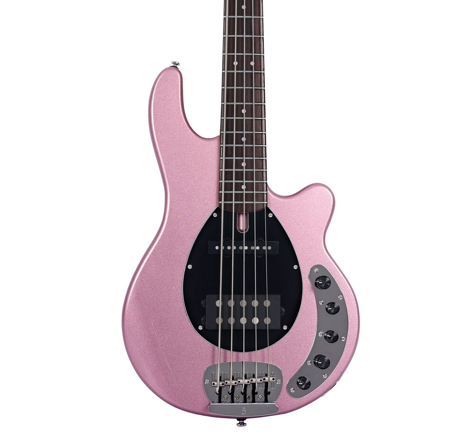 Siyah manyetiklere ve gümüş düğmelere sahip parlak pembe bas gitar.