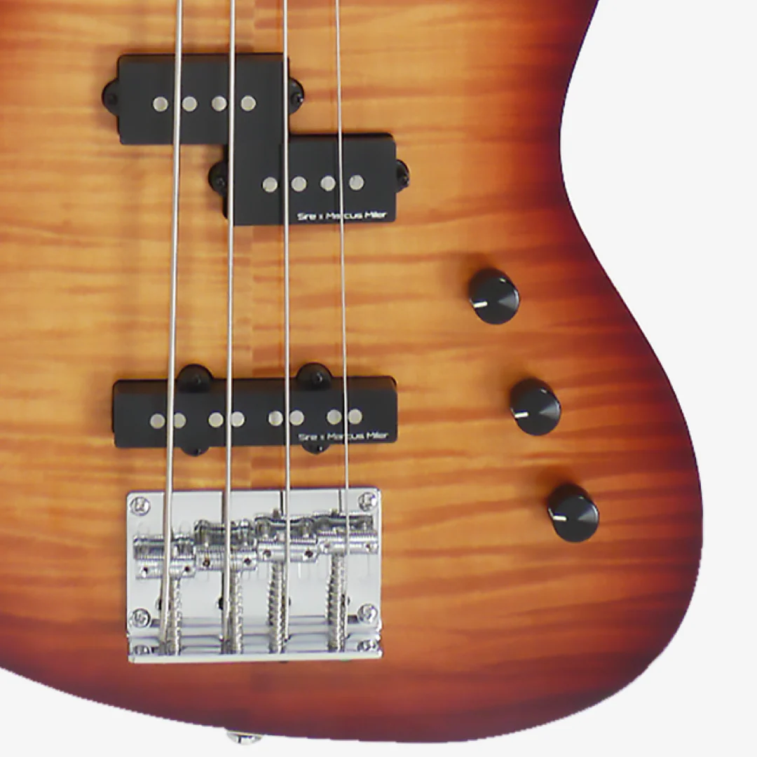 Alevli akçaağaç üstlü bas gitar gövdesi, iki manyetik, köprü ve düğmeler.