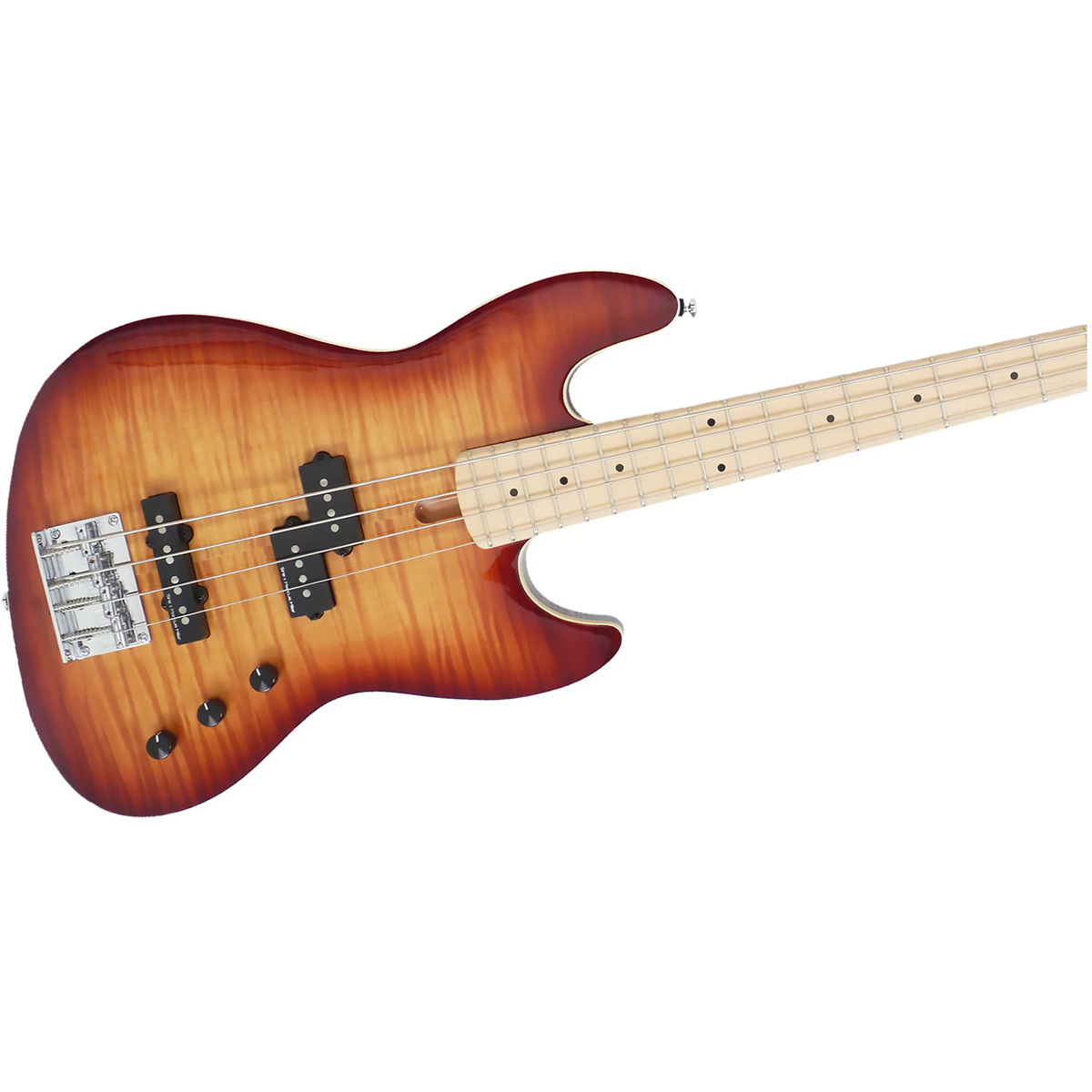 Alev desenli, açık renkli klavyeli sunburst elektro bas gitar, beyaz zeminde.