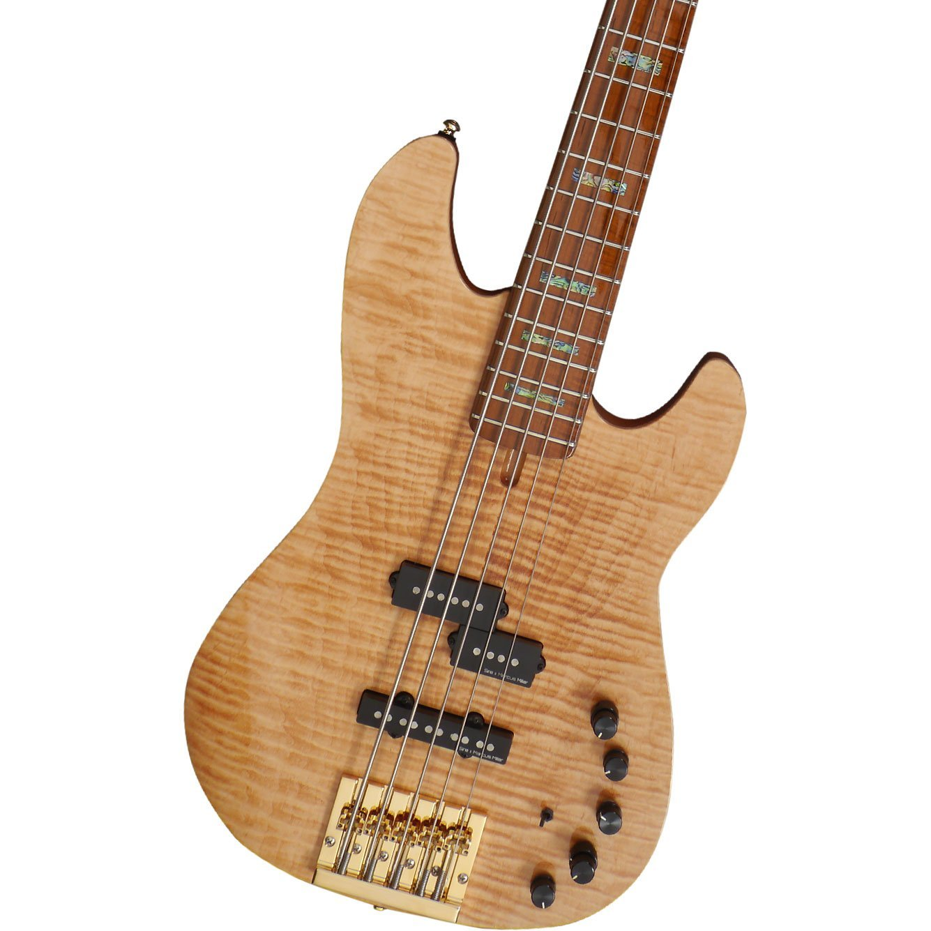 Altın donanım detaylı ahşap beş telli bas gitar.