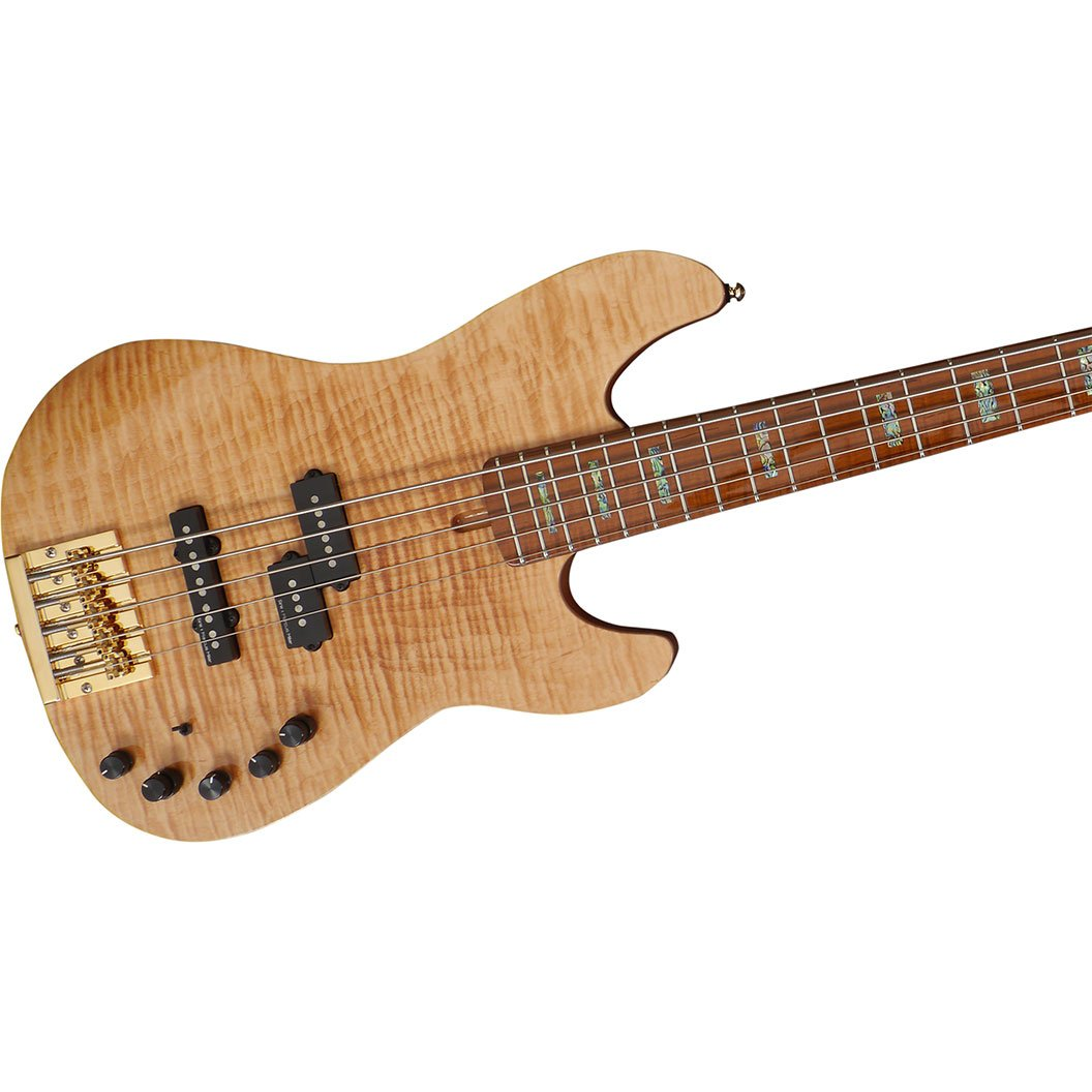 Altın köprülü, siyah manyetikli ahşap 6 telli bas gitar, beyaz arka plan üzerinde.
