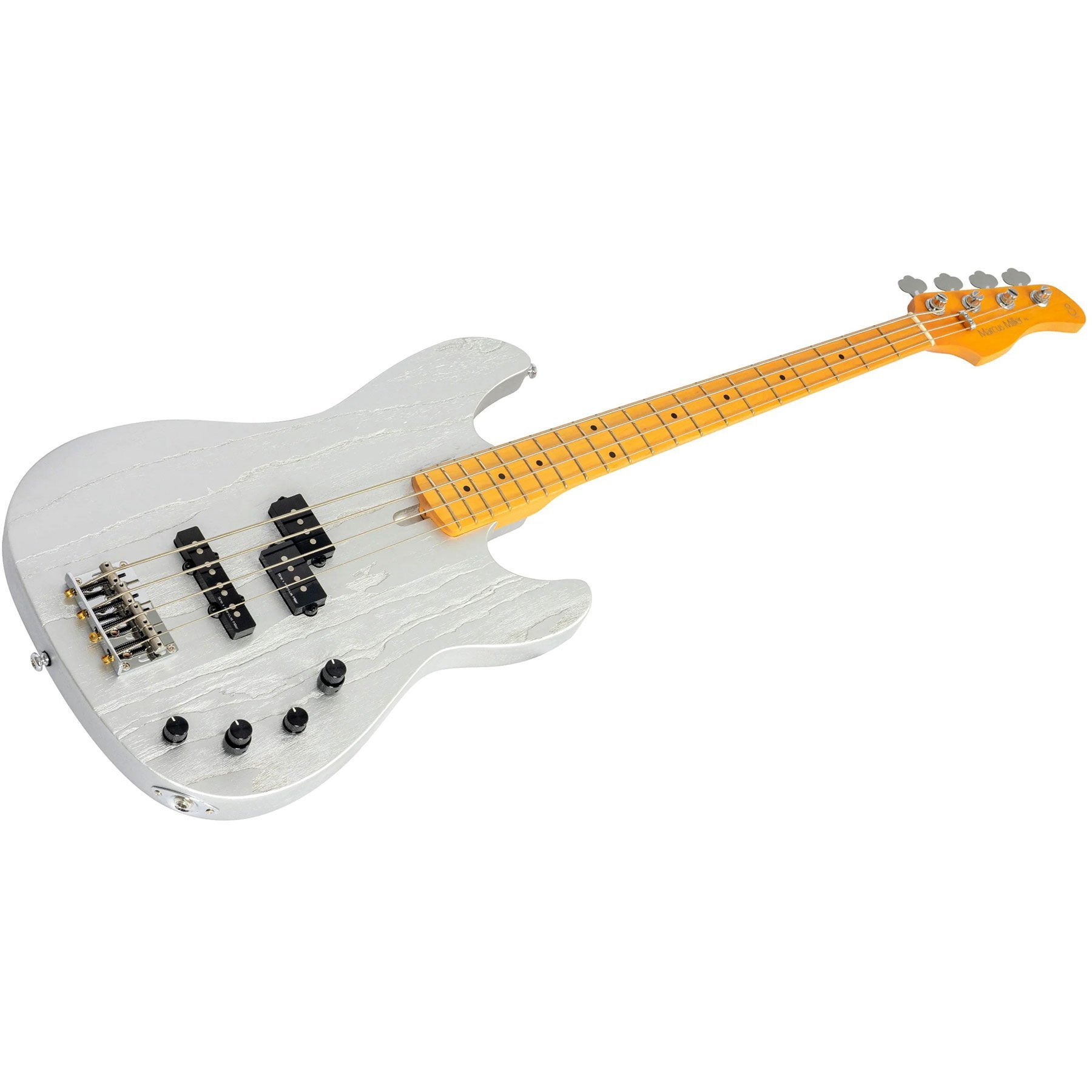 Akçaağaç sapa ve siyah manyetiklere sahip gümüş bas gitar.