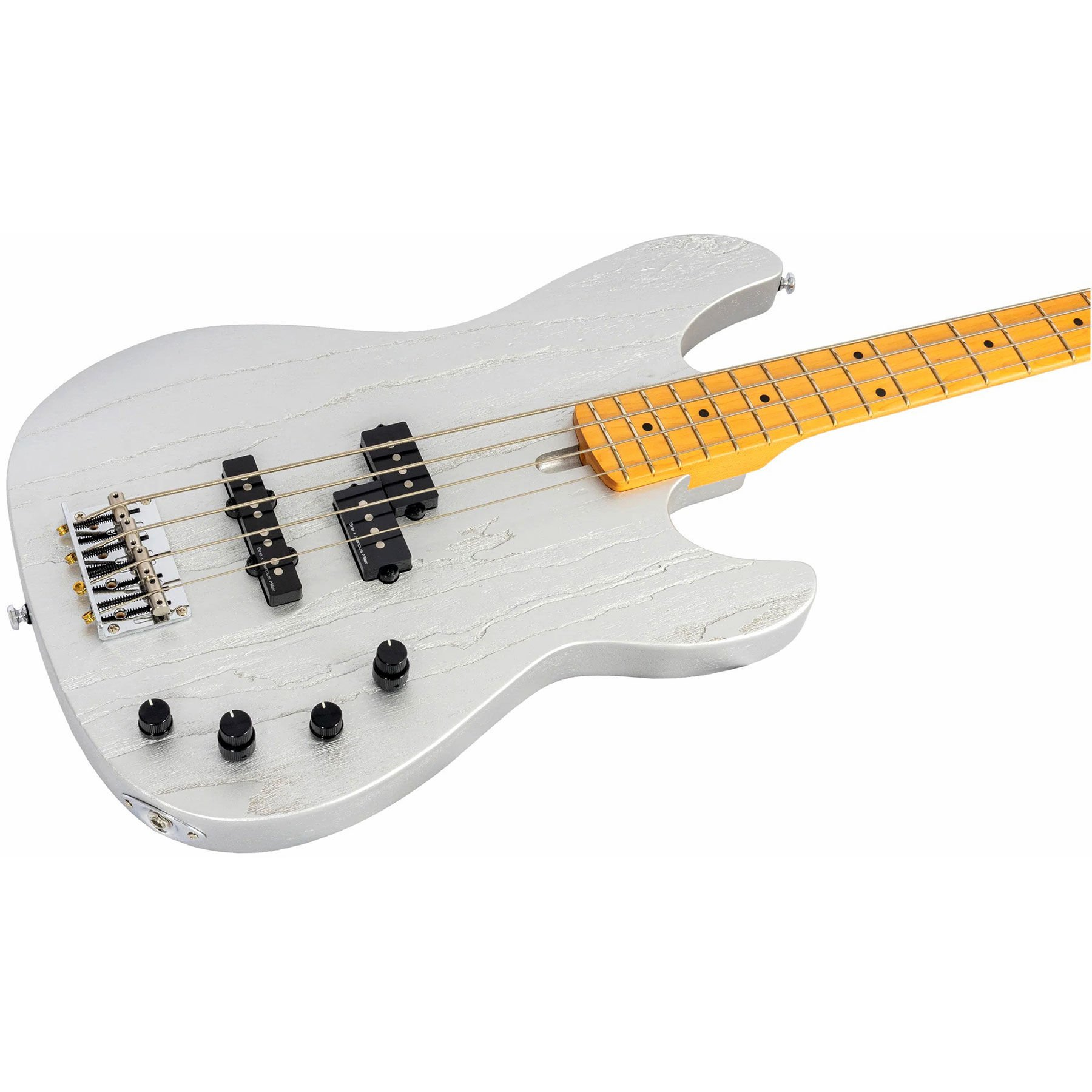 Sarı klavyeli ve siyah manyetikli gümüş bas gitar.