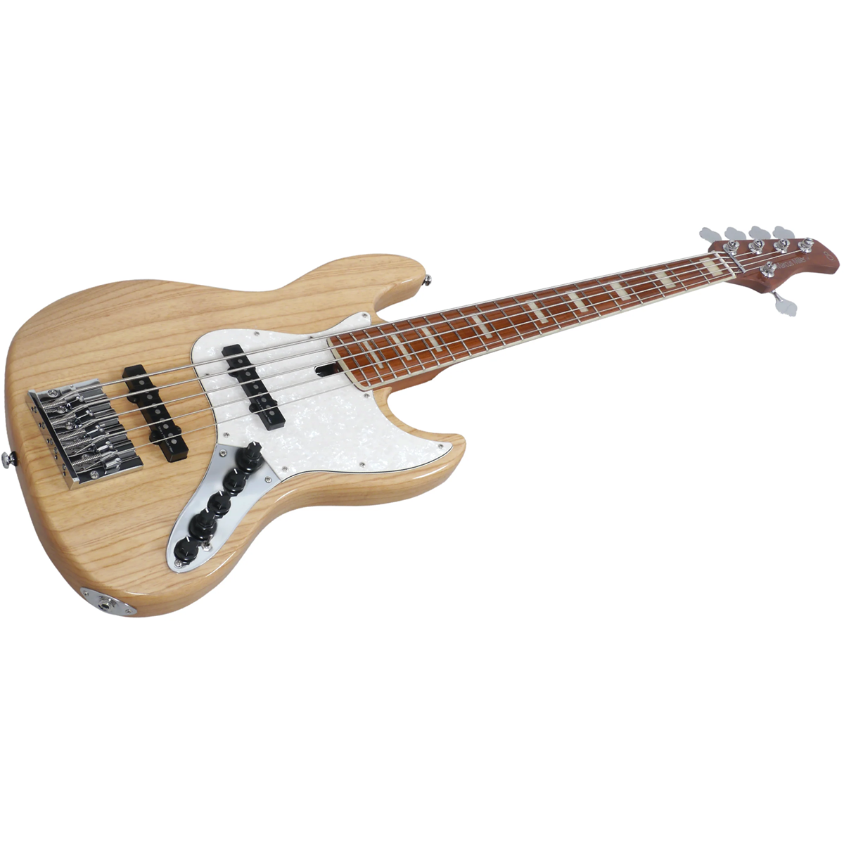 Beyaz pena koruyuculu ve krom donanımlı açık kahverengi beş telli bas gitar.