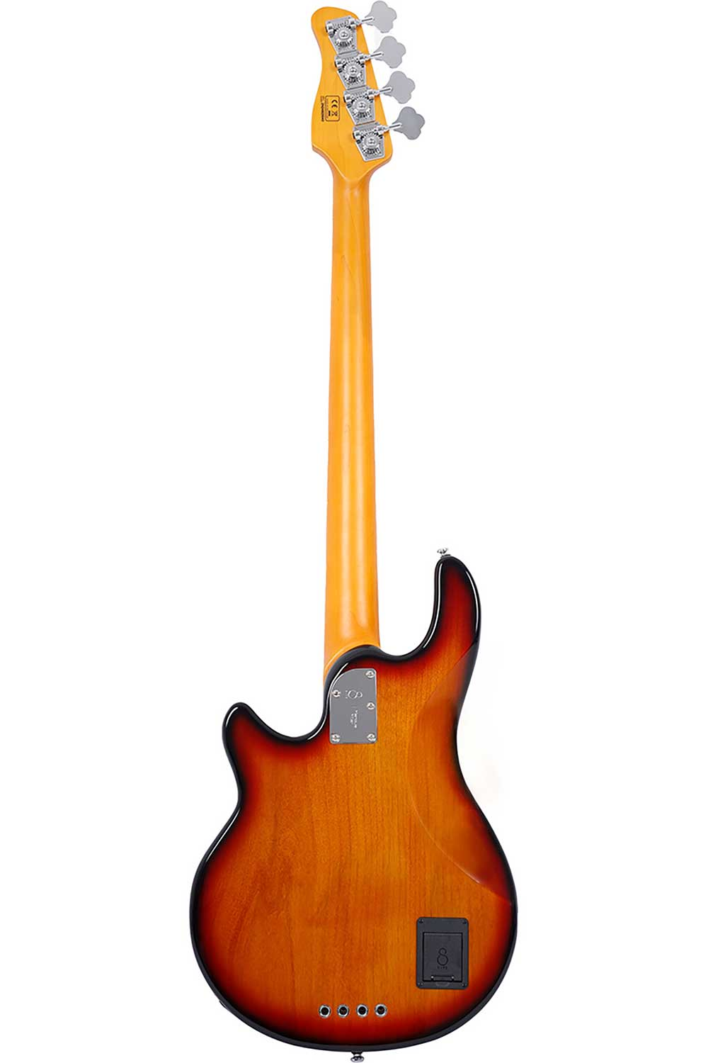 Güneş patlaması renkli elektro bas gitar sapının arka görünümü, dört akort burgusu.