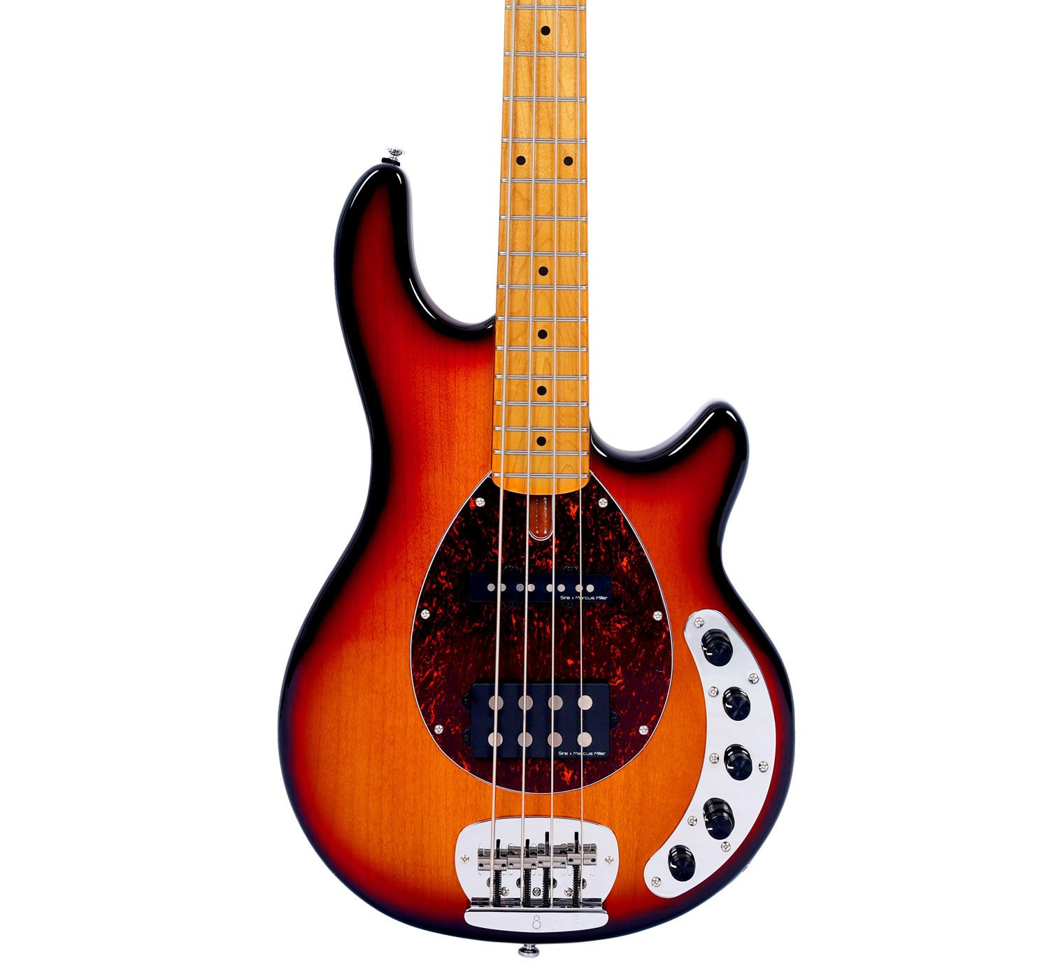 Sunburst elektro bas gitar yakın çekim, gövde, sap ve kontrolleri gösteriyor.