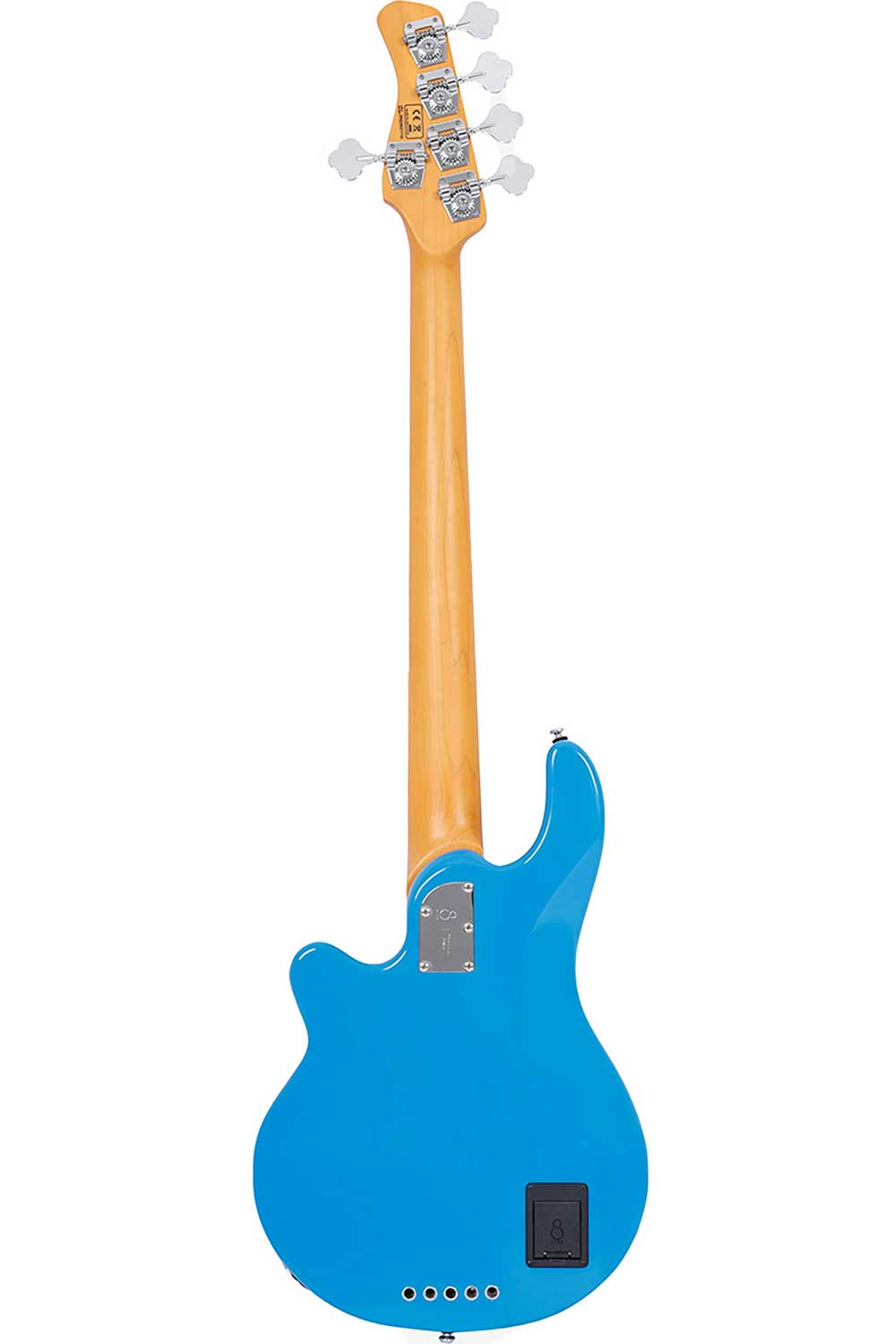 Gümüş burgulu, açık ahşap saplı mavi bas gitar.