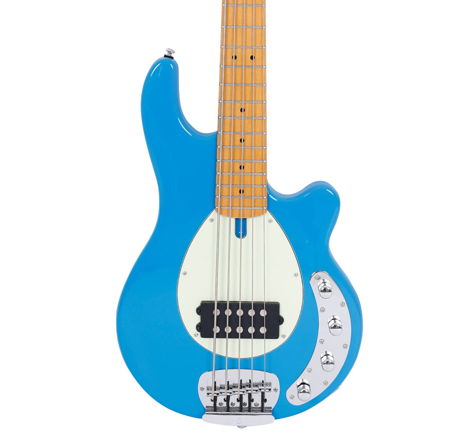 Beyaz pena korumalı, siyah manyetikli ve gümüş düğmeli mavi bas gitar.