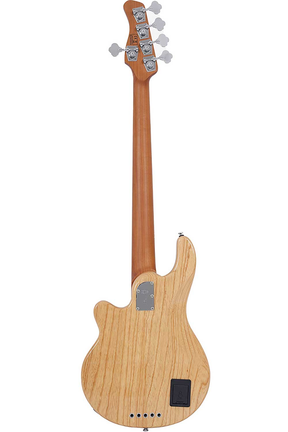 Achterkant van een lichtbruine elektrische basgitaar met houtnerf en zilveren stemknoppen.