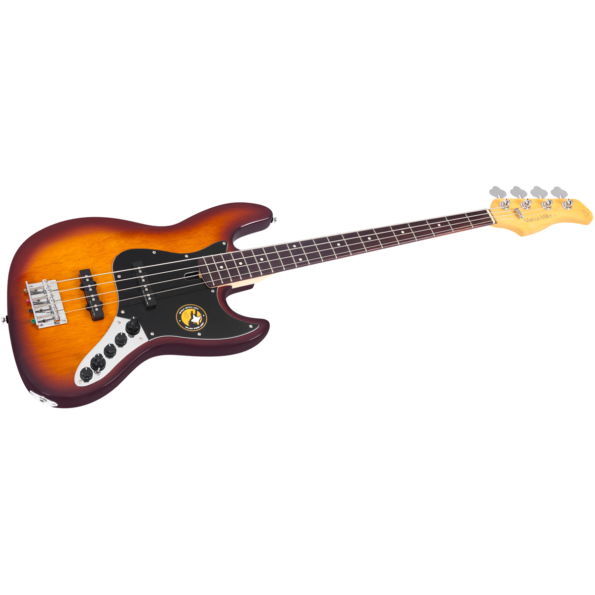 Siyah pena korumalı, güneş yanığı kahverengi ve sarı elektro bas gitar.