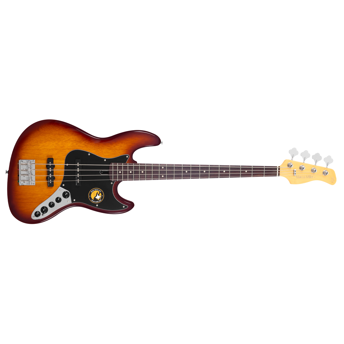 Siyah pena korumalı, dört telli, güneş yanığı renkli elektro bas gitar.