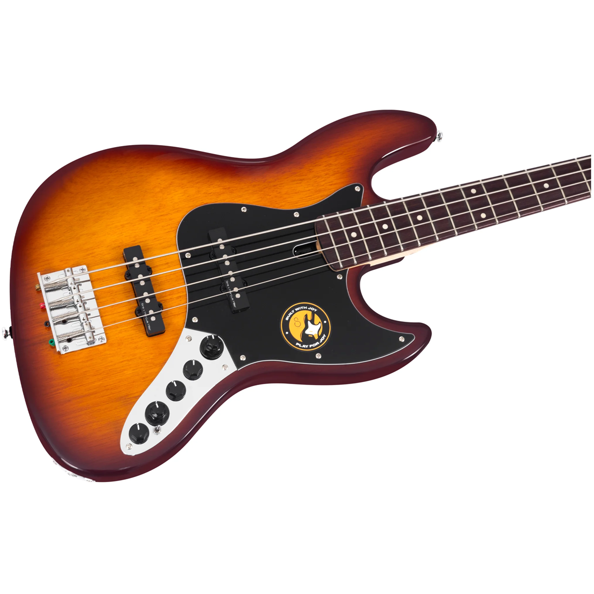 Siyah manyetiklere ve gümüş donanıma sahip, güneş patlaması renginde kahverengi ve sarı bas gitar.