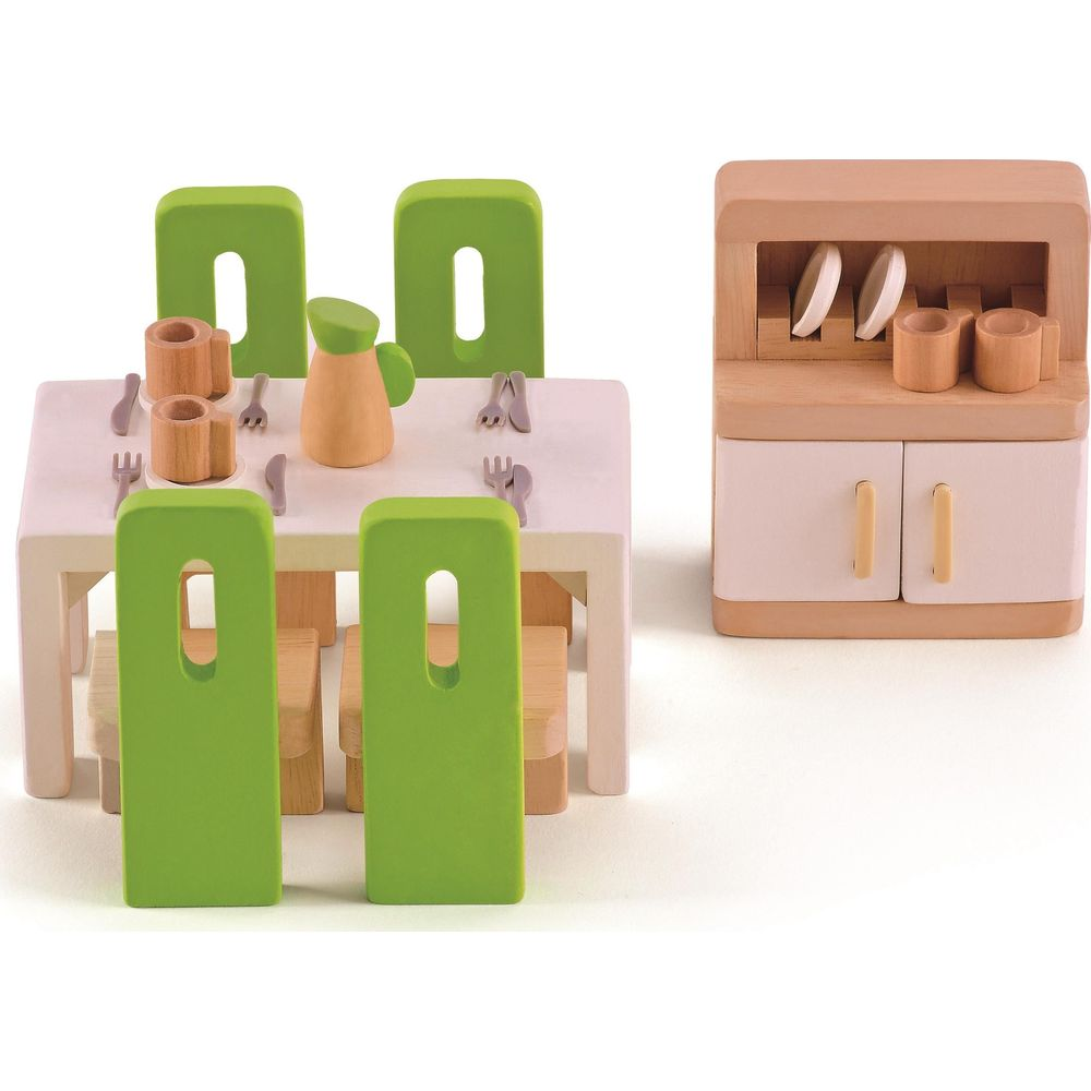 Juguete de madera: Mesa con sillas verdes, jarra, tazas y platos.
