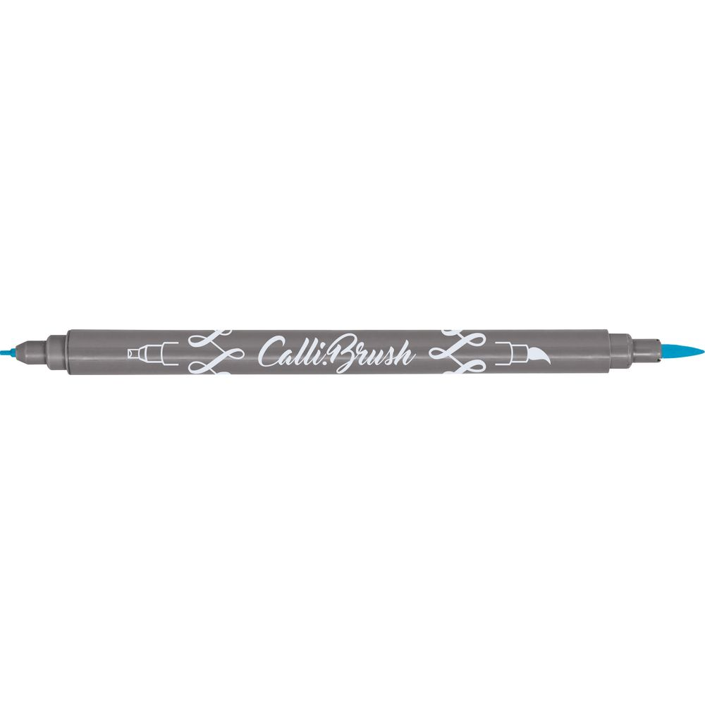 Ein grauer Kalligrafie-Stift mit blauer Spitze und dem Schriftzug 'Calli Brush'.