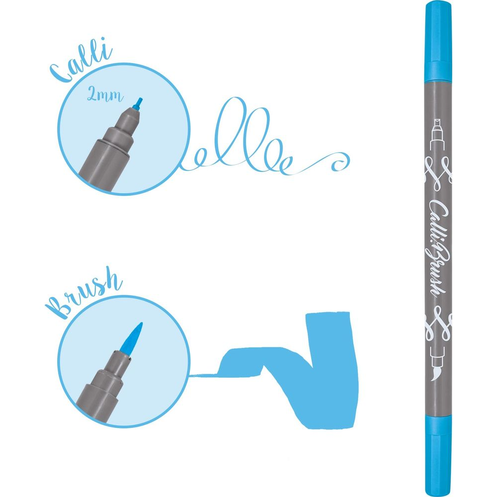 Ein blauer Calli.Brush Stift mit zwei Spitzen. Zeigt feine Linien und Pinselstriche.