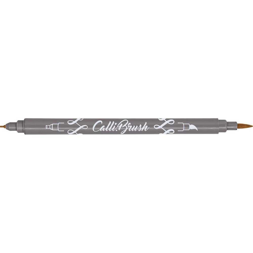 Ein grauer Kalligrafie-Stift mit brauner Spitze und dem Aufdruck 'Calli:Brush'.