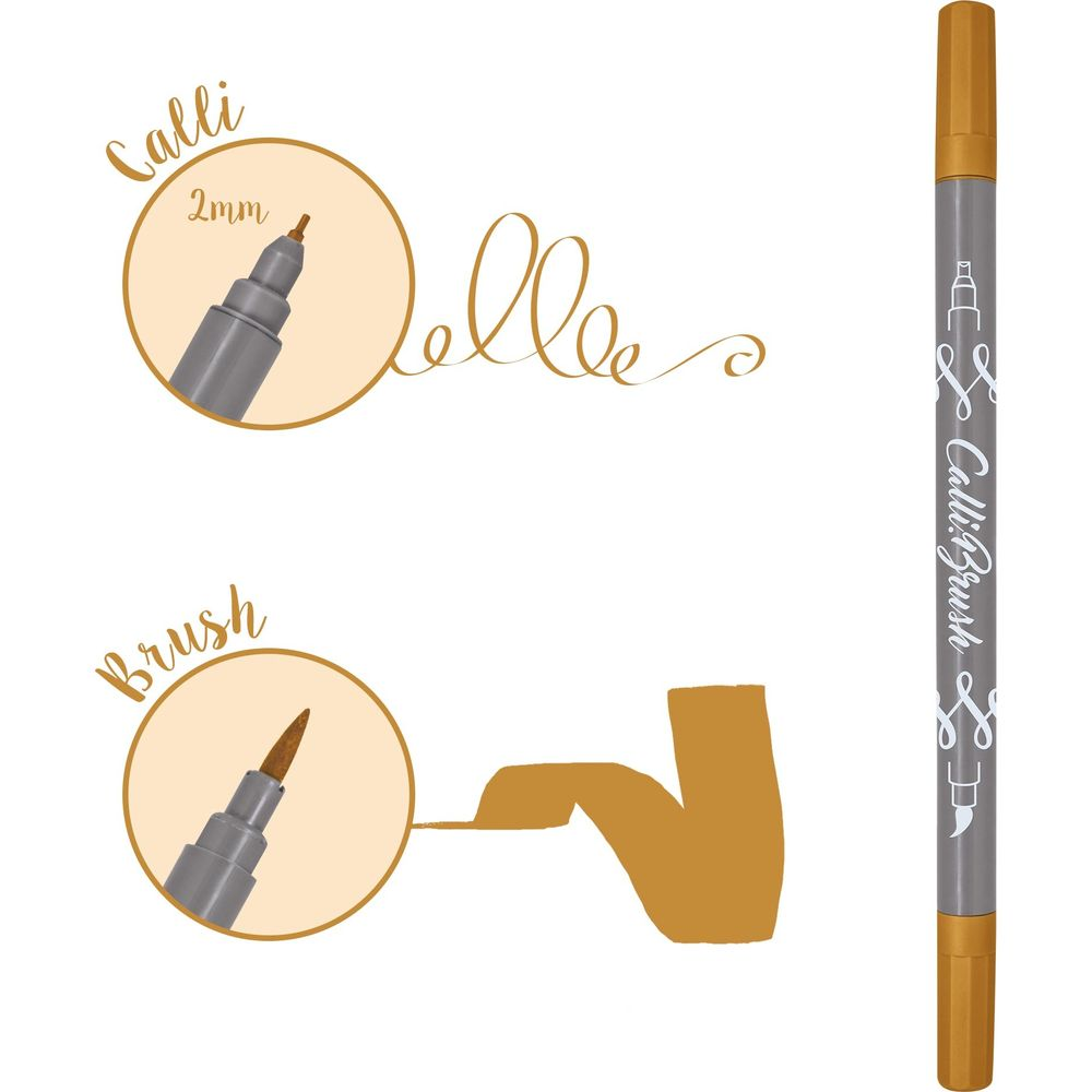 Ein goldener Kalligrafie-Stift mit zwei Spitzen: eine 2mm-Spitze und eine Pinselspitze.