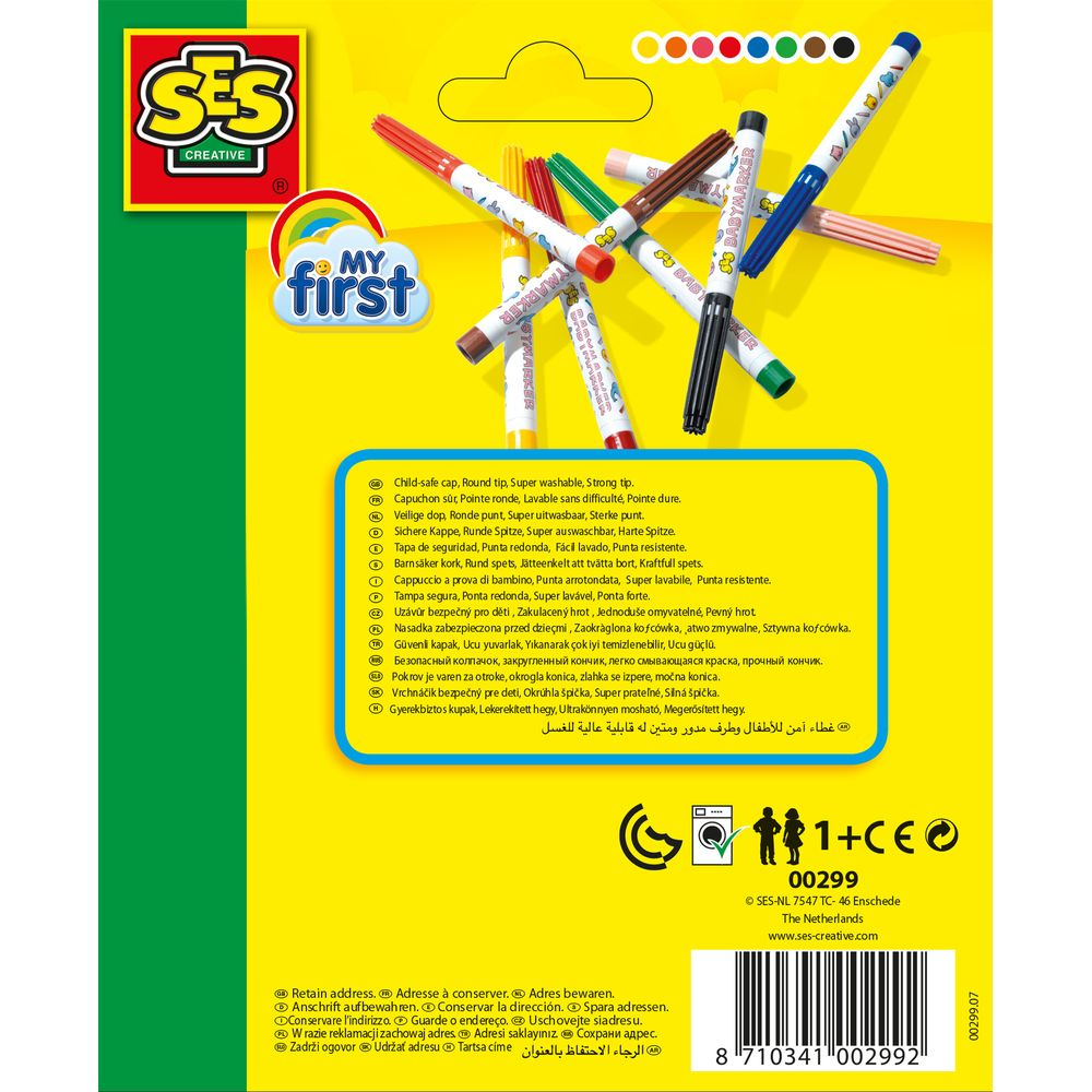 Bunte Stifte mit "My First" Logo. Mehrsprachige Produktinformationen.