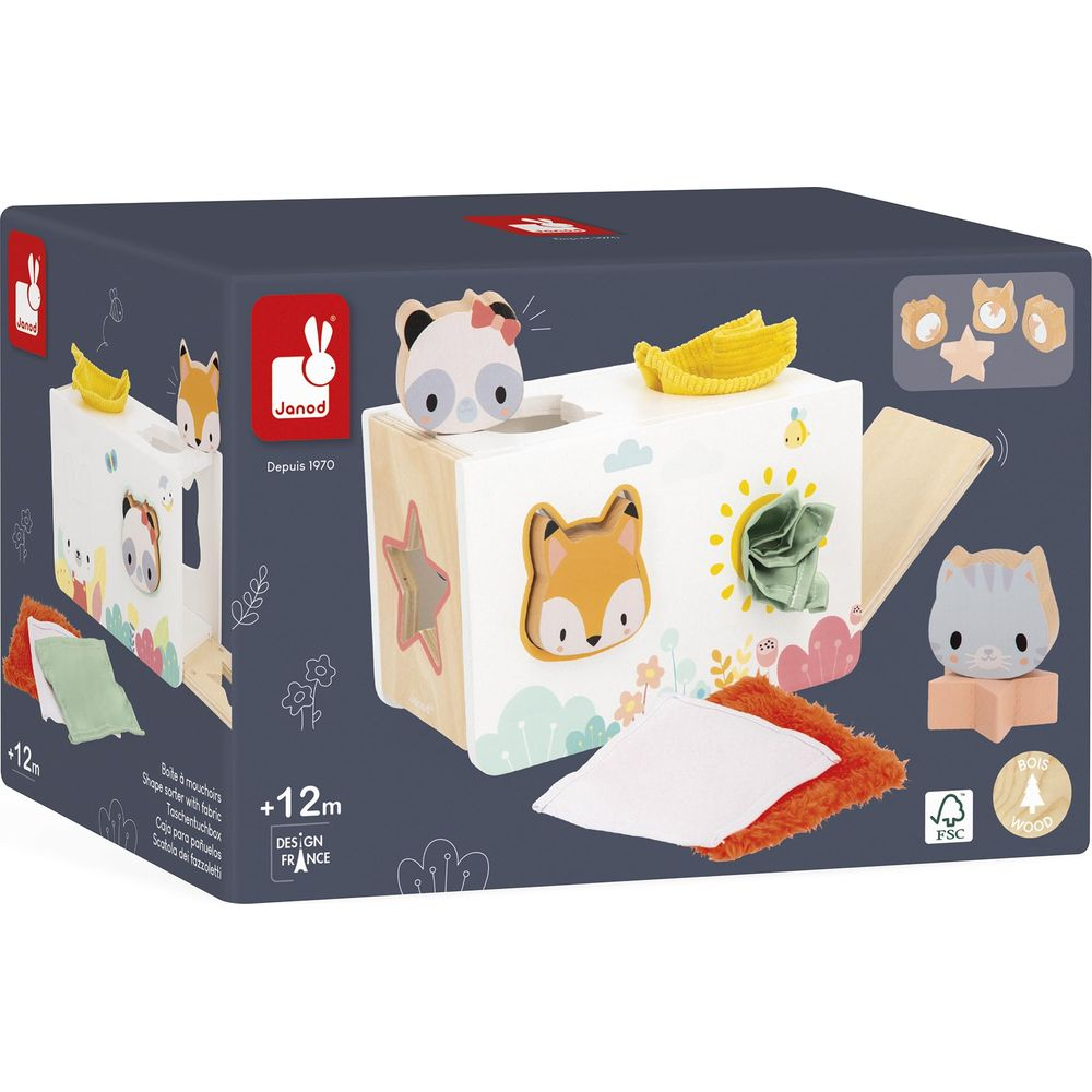Boîte à formes Janod en bois avec animaux en tissu et formes pour bébés.