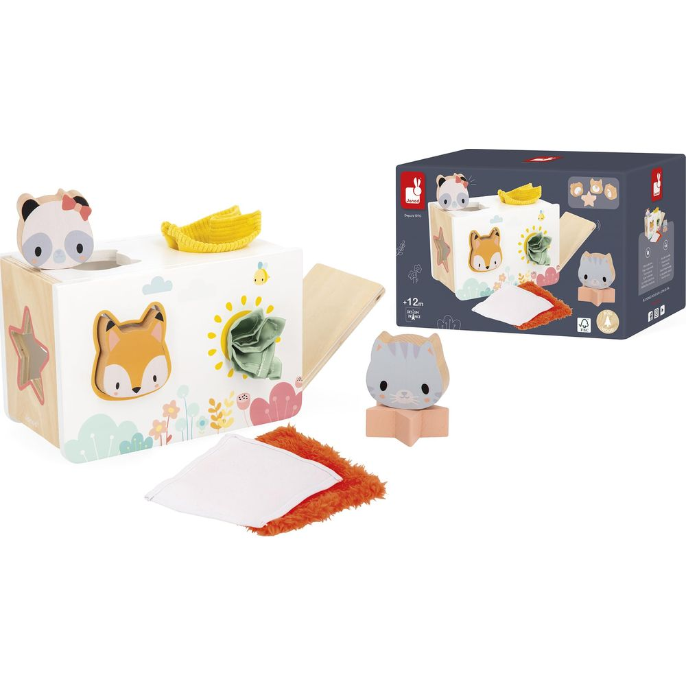 Jouet en bois avec figurines d'animaux : panda, renard et chat.