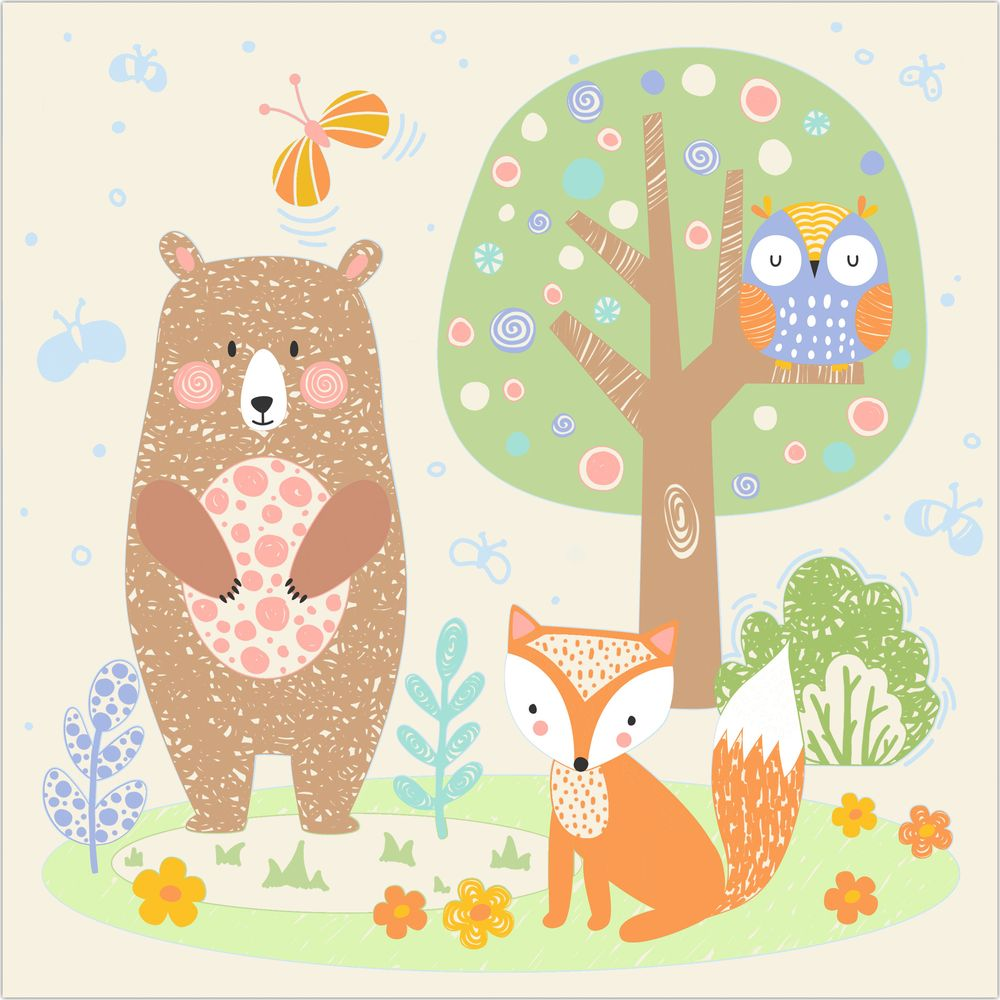 Un orso marrone, volpe arancione e gufo vicino a un albero con pois e farfalle.