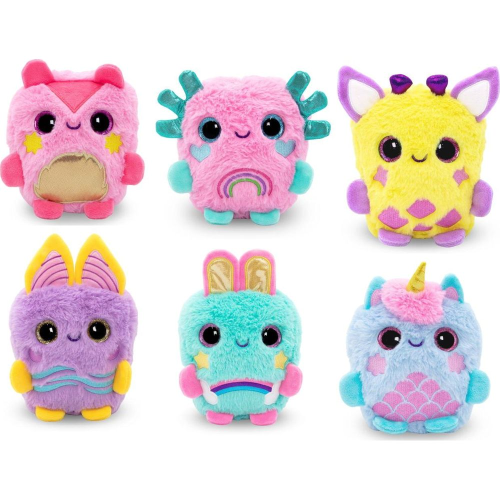 Sei peluche color pastello: gufo, axolotl, giraffa, coniglio e unicorno.