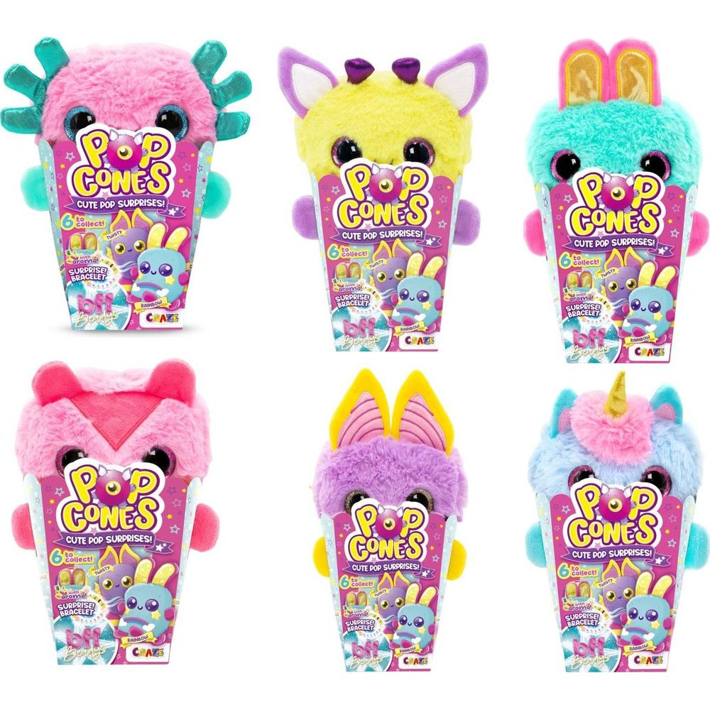 Sei peluche in confezioni a cono gelato con marchio 'Pop Cones'.