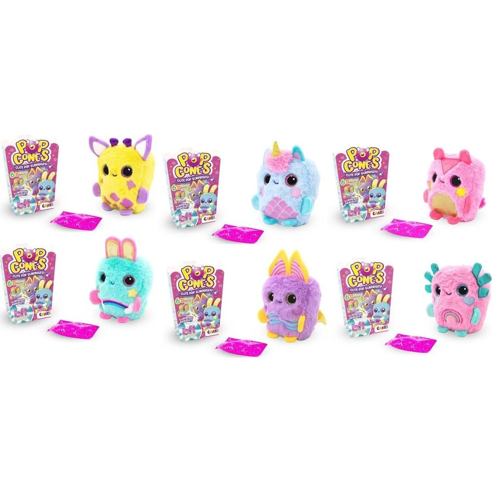 Dieci figure di peluche in vari colori con imballaggio.