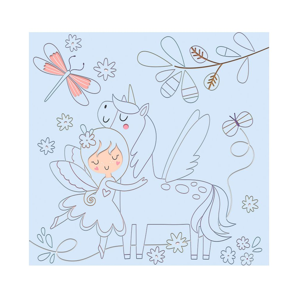 Una fata abbraccia un unicorno alato. Libellula, farfalla, fiori.