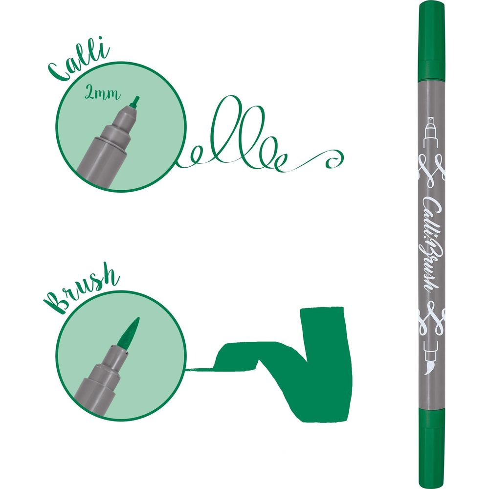 Ein grüner Kalligraphie-Stift mit zwei Spitzen, eine feine und eine Pinselspitze.