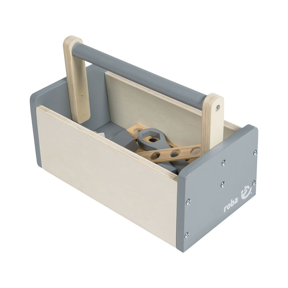 Ein hölzerner Werkzeugkasten in Grau und Beige mit Werkzeugen.