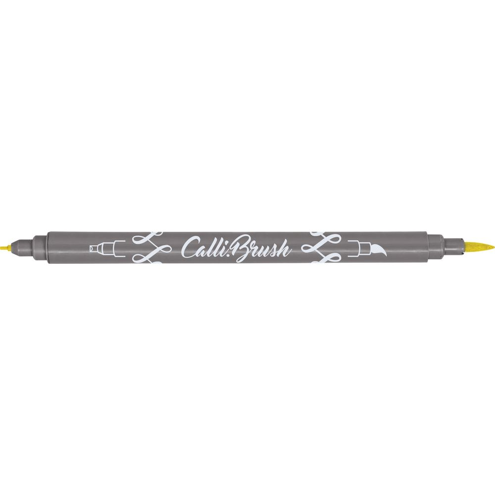 Ein grauer Kalligrafie-Pinselstift mit gelber Spitze und weißer Schrift.