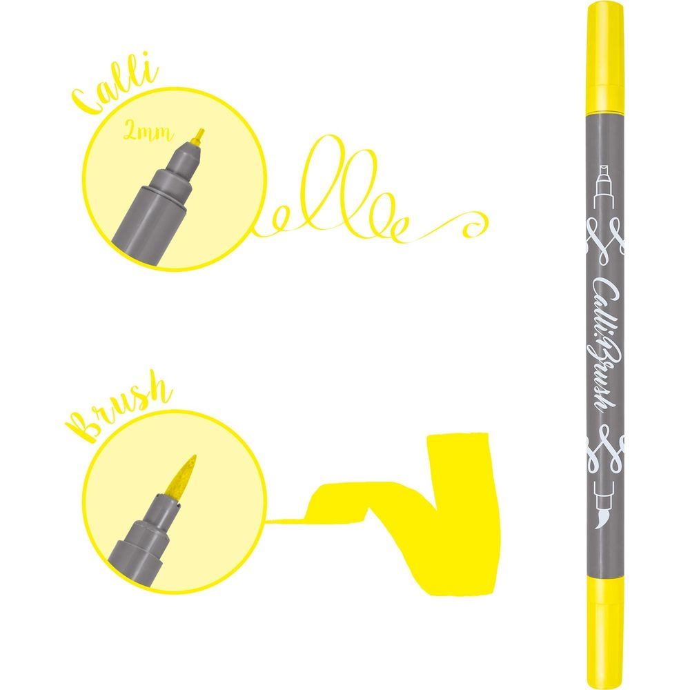 Ein gelber Kalligrafie-Stift mit zwei Spitzen und gelben Schnörkeln auf weißem Grund.