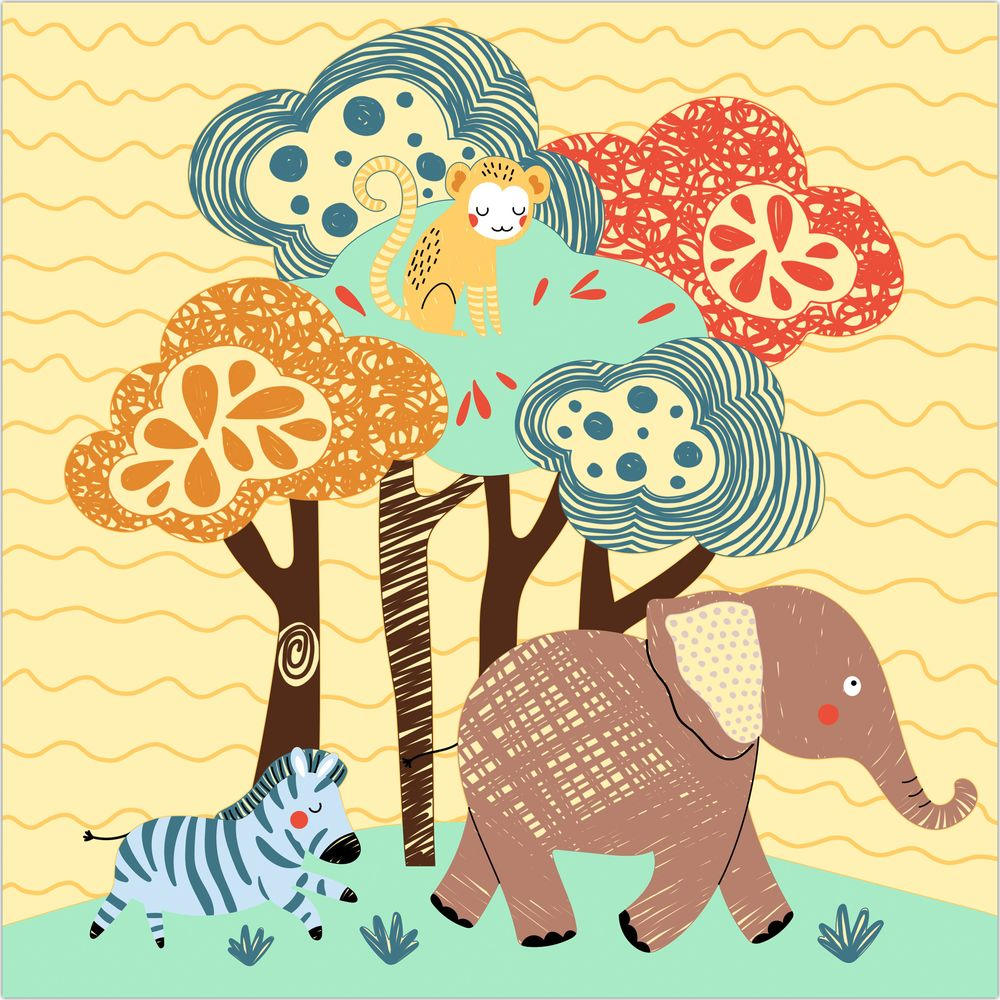 Una scimmia siede su un albero, un elefante e una zebra camminano sotto.