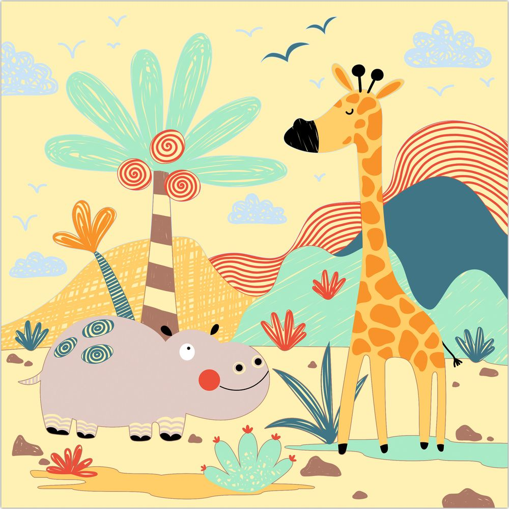 Un ippopotamo e una giraffa in un paesaggio colorato con palme e montagne.