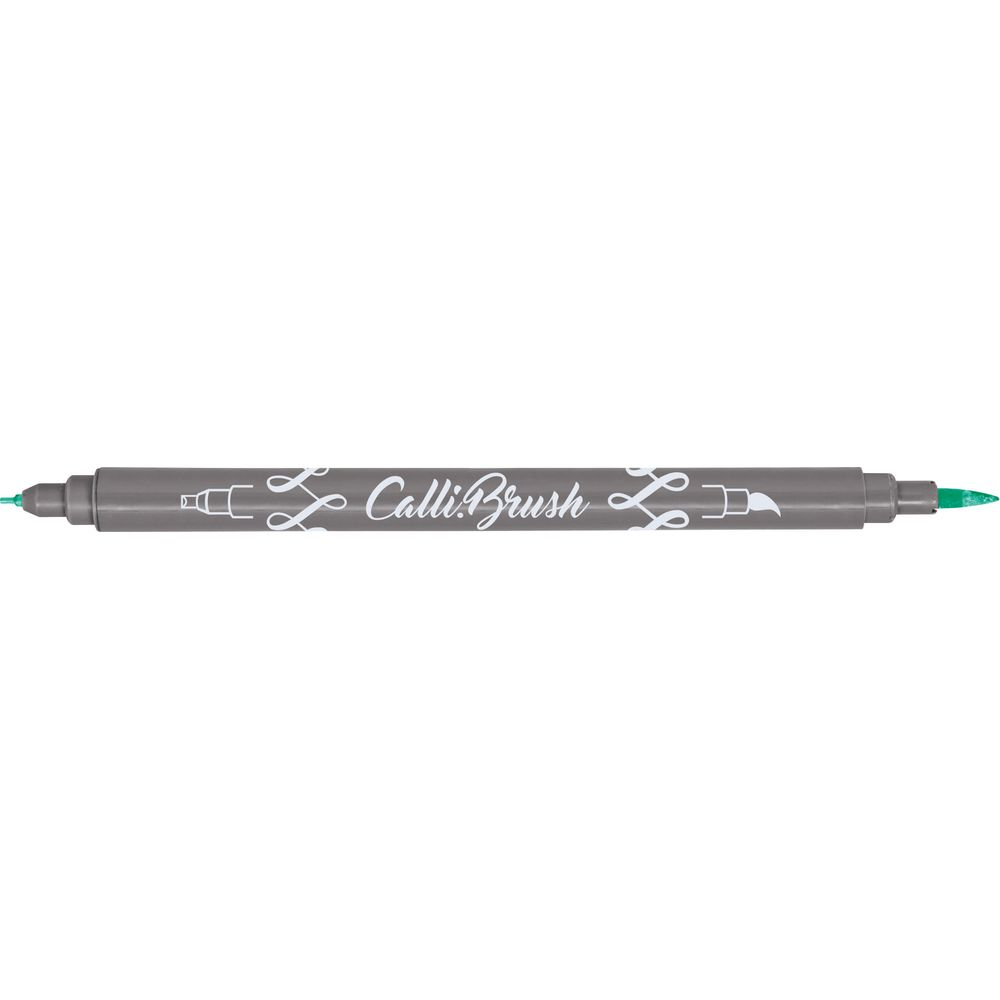 Ein grauer Kalligraphie-Stift mit zwei Spitzen, eine grüne und eine blaue.