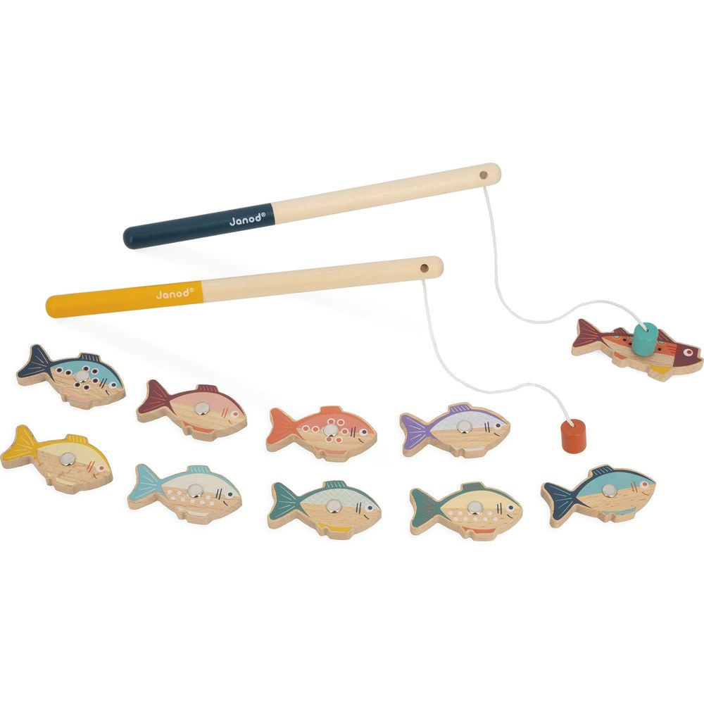 Gioco di pesci in legno: due canne da pesca con corde e pesci colorati.