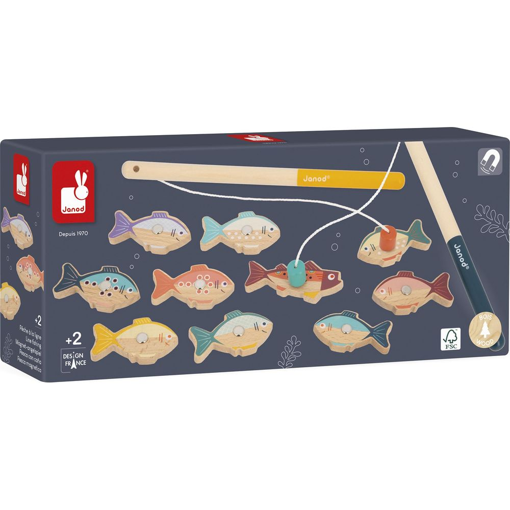 Scatola gioco di pesca in legno con pesci colorati e canna magnetica.