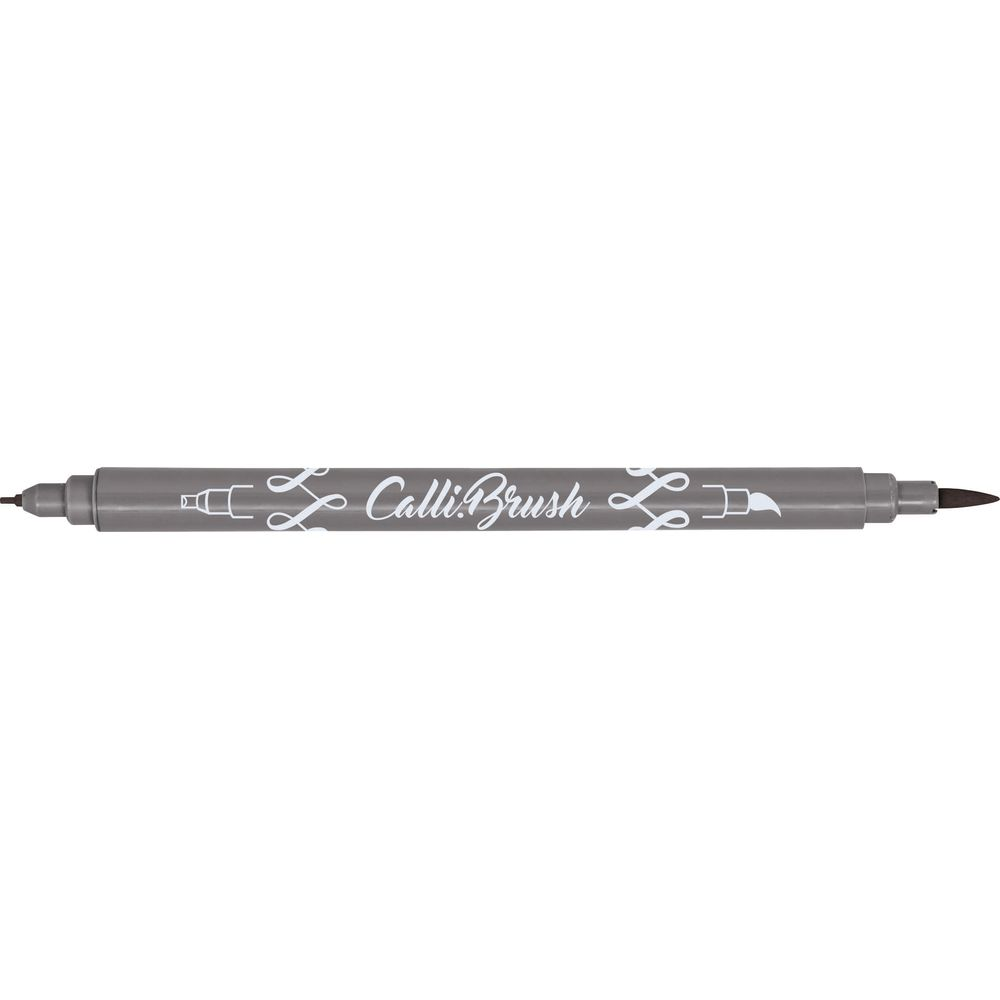 Ein grauer Kalligrafie-Stift mit zwei Spitzen und weißer Schrift.