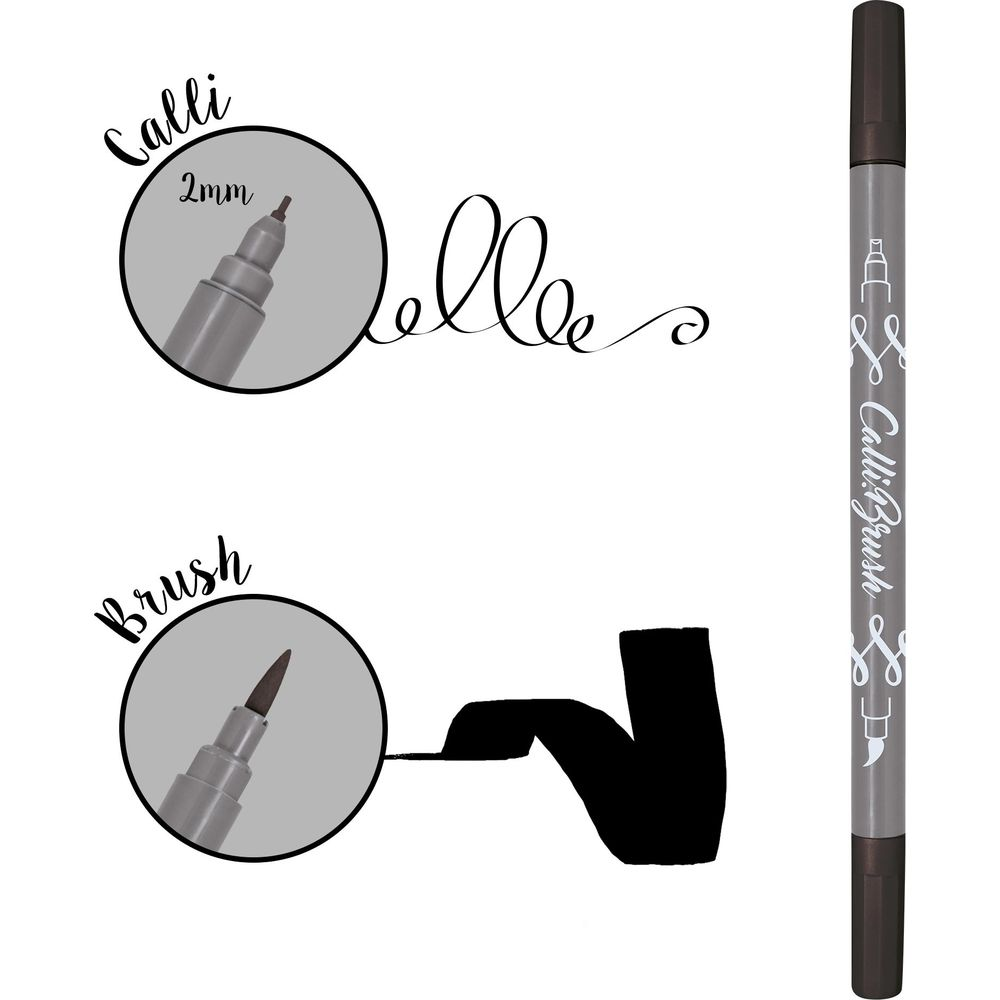 Ein grauer Calli:Brush Stift mit zwei Spitzen; eine 2mm Spitze und eine Pinselspitze.
