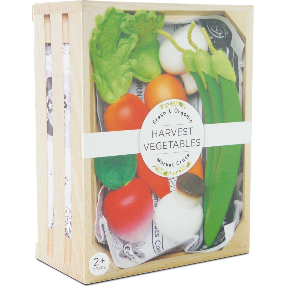 Holzkiste mit Stoffgemüse: Karotten, Tomaten, Radieschen, Bohnen, Salat.