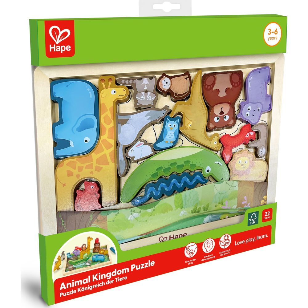 Puzzle Królestwo Zwierząt Hape z drewnianymi zwierzątkami: słoń, żyrafa, niedźwiedź i lew.
