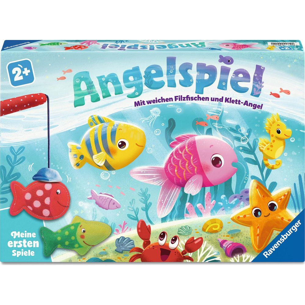Un gioco da tavolo con pesci in feltro colorati, un cavalluccio marino, una stella marina e un granchio.