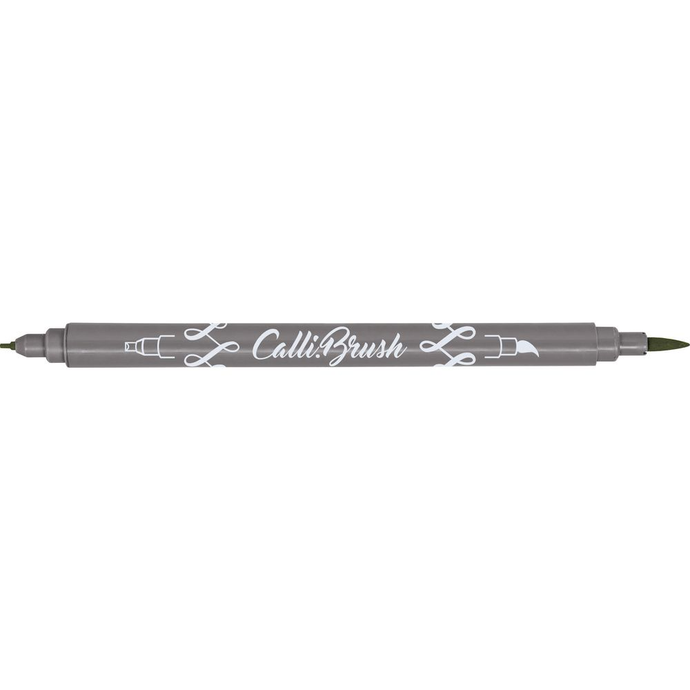 Grauer Calli-Brush-Stift mit zwei Spitzen und weißer Schrift.