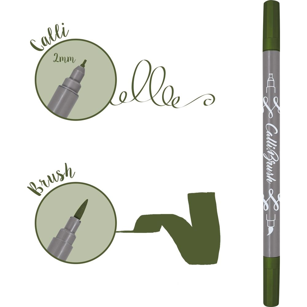 Grüner Stift mit zwei Spitzen: Kalligrafie und Pinsel. Zeigt 2mm Spitze und Pinselstrich.