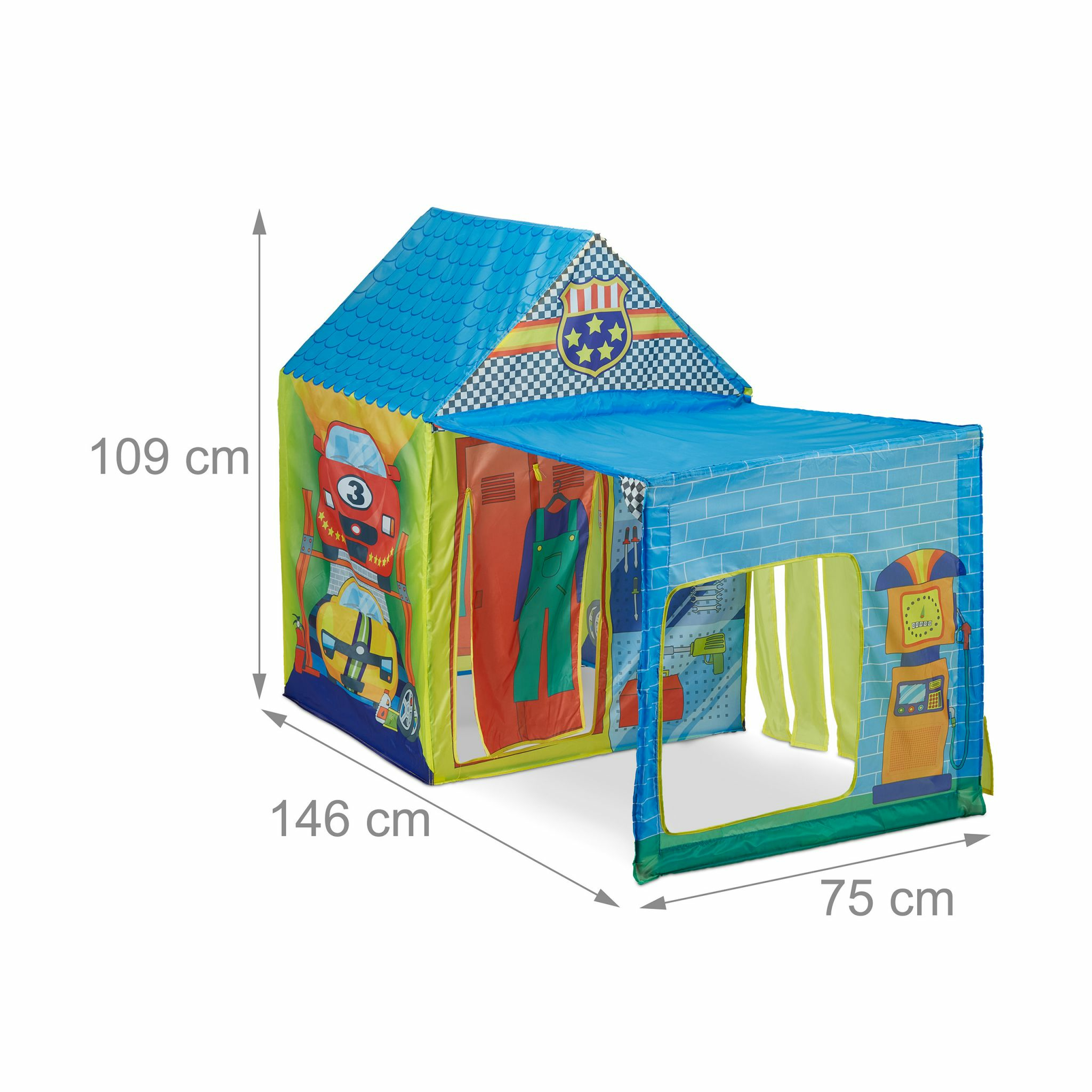 Ein buntes Spielzelt mit Rennwagen- und Tankstellenmotiven, Maße 109x146x75cm.
