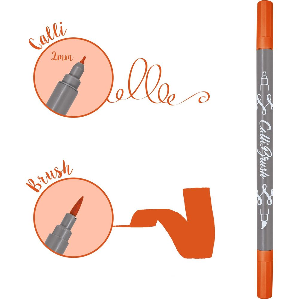 Ein orangefarbener Kalligrafie-Pinselstift mit zwei Spitzen. Zeigt 2mm Spitze und Pinselspitze.